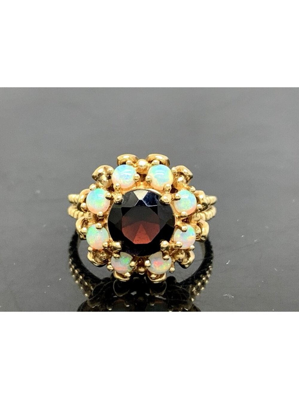 Garnet White Opal Cocktail Cluster Women's Ring 14k Yellow Gold Estate Size 7.25